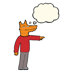 cartoon fox man pointing with thought bubble