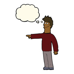 Fototapeta premium cartoon happy pointing man with thought bubble