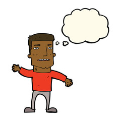 cartoon waving stressed man with thought bubble