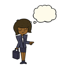 cartoon businesswoman pointing with thought bubble