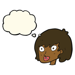cartoon happy female face with thought bubble