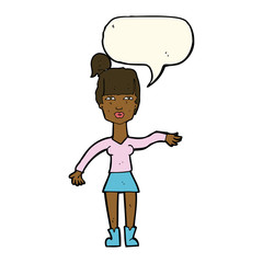 cartoon woman making dismissive gesture with thought bubble