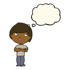 cartoon happy man with folded arm with thought bubble