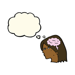 cartoon female head with brain symbol with thought bubble