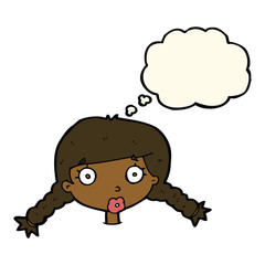 cartoon confused female face with thought bubble