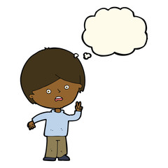 cartoon unhappy boy giving peace sign with thought bubble