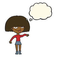 cartoon smug woman making dismissive gesture with thought bubble