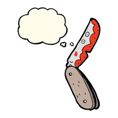 cartoon bloody folding knife with thought bubble