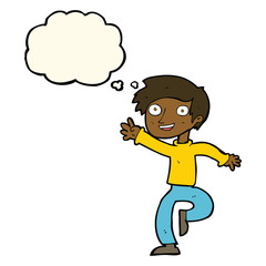 cartoon excited boy dancing with thought bubble