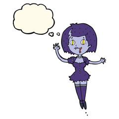 cartoon happy vampire girl with thought bubble
