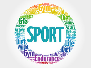 SPORT circle stamp word cloud, fitness, sport, health concept