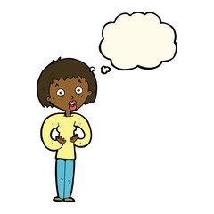 cartoon woman gesturing at self with thought bubble