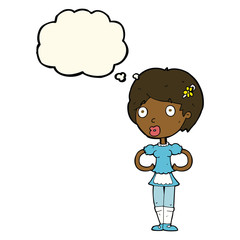 cartoon woman in french maid outfit with thought bubble