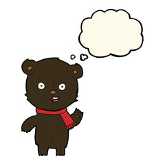 cartoon waving black bear cub with scarf with thought bubble