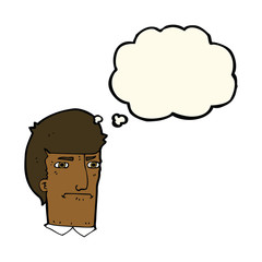 cartoon man narrowing eyes with thought bubble