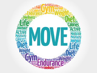 MOVE circle stamp word cloud, fitness, sport, health concept