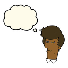 cartoon man narrowing eyes with thought bubble
