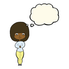 cartoon shy woman with thought bubble