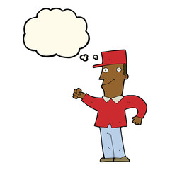cartoon man punching air with thought bubble