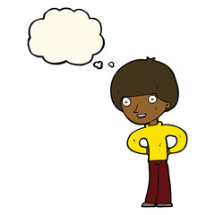 cartoon happy boy with hands on hips with thought bubble