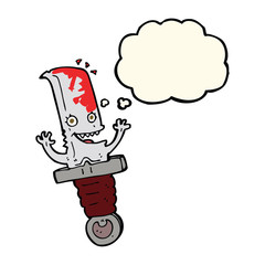 crazy cartoon knife character with thought bubble