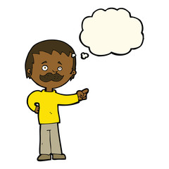 cartoon man with mustache pointing with thought bubble