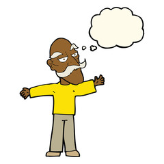 Obraz premium cartoon old man spreading arms wide with thought bubble