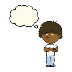 cartoon suspicious man with thought bubble