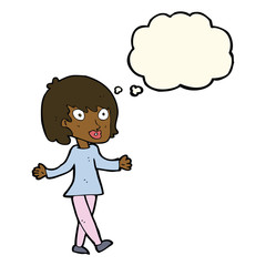 cartoon woman with open arms with thought bubble