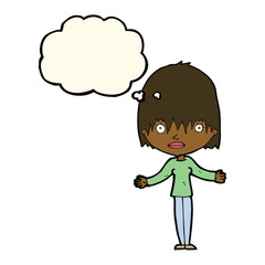 cartoon woman shrugging shoulders with thought bubble