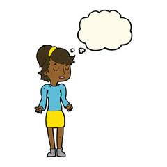 cartoon woman shrugging shoulders with thought bubble
