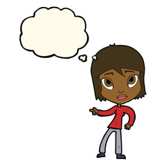 cartoon pointing woman with thought bubble
