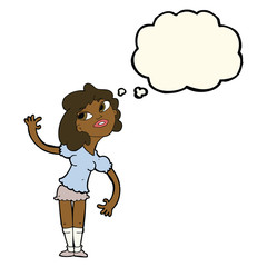 cartoon woman waving with thought bubble