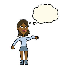 cartoon woman making hand gesture with thought bubble