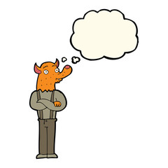 cartoon man with fox head with thought bubble