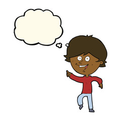 cartoon happy pointing man with thought bubble