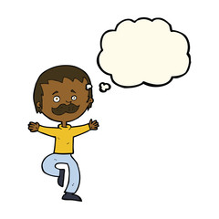 cartoon dancing man with mustache with thought bubble