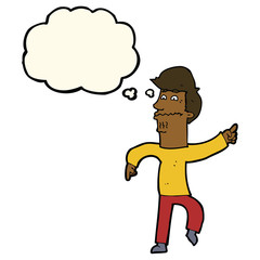 cartoon worried man pointing with thought bubble