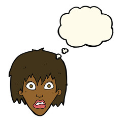 cartoon frightened woman with thought bubble