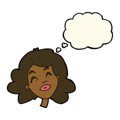 cartoon happy female face with thought bubble
