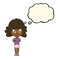 cartoon happy woman with folded arms with thought bubble