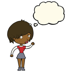cartoon waving woman with thought bubble