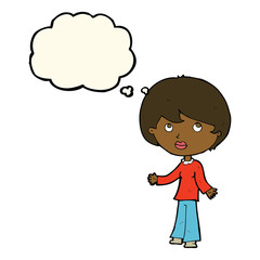 cartoon woman thinking with thought bubble