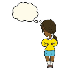 cartoon shy woman with thought bubble
