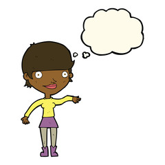 cartoon happy woman  with thought bubble