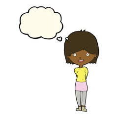 cartoon friendly woman with thought bubble