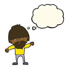 cartoon happy bearded man waving with thought bubble