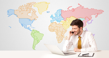 Business man with colorful world map background