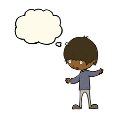 cartoon boy with outstretched arms with thought bubble