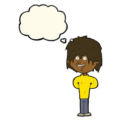 cartoon happy scruffy boy with thought bubble